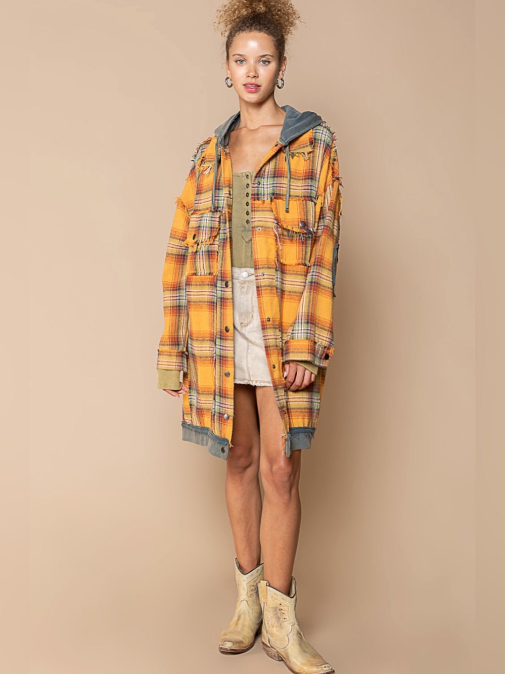 POL Yellow Plaid Flannel Hooded Utility Shacket Shirt M L XL - Picture 3 of 8